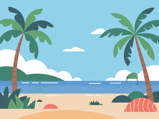 Fototapeta premium Tropical beach landscape with palm trees, blue ocean waves and golden sunset sky, relaxing summer vacation scenery, travel destination background, peaceful coastal nature view