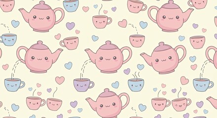 Kawaii pastel pink teapots and blue cups with hearts scattered across a pale yellow background in a seamless pattern design perfect for children's