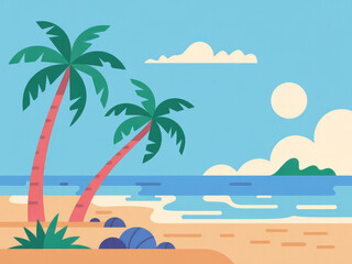 Obraz premium Tropical beach landscape with palm trees, blue ocean waves and golden sunset sky, relaxing summer vacation scenery, travel destination background, peaceful coastal nature view