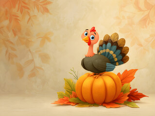 Cute turkey sitting on pumpkin with autumn leaf background