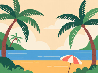 Obraz premium Tropical beach landscape with palm trees, blue ocean waves and golden sunset sky, relaxing summer vacation scenery, travel destination background, peaceful coastal nature view