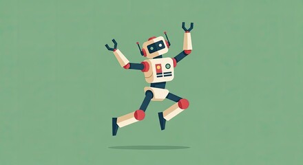 Joyful retro pixel art robot in a dynamic jumping pose with arms outstretched and legs extended against a muted green textured background celebrating