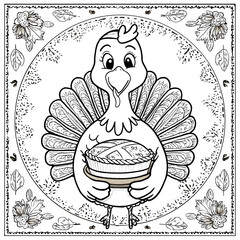 Cute turkey holding a pie, Thanksgiving theme coloring page