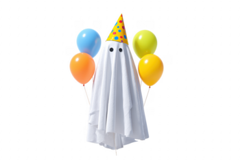 White ghost wearing party hat with balloons image isolated on a transparent background