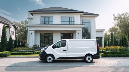 White delivery van parked in front of an elegant house. Promising reliable service to your doorstep with a modern vehicle and a touch of class.