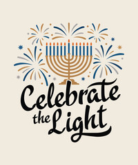 Fototapeta premium Hanukkah celebration with a menorah fireworks and festive lettering design