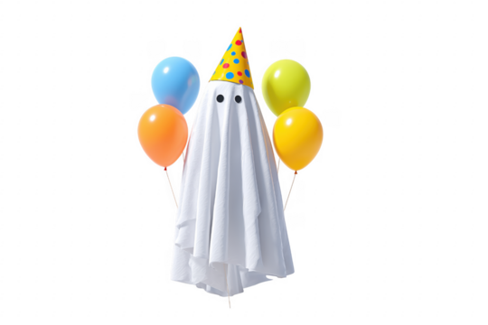 White ghost wearing party hat with balloons image isolated on a transparent background - Powered by Adobe