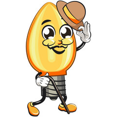 cute orange light bulb mascot cartoon character isolated vector illustration carrying a stick and saluting with raised hat, work of hand drawn