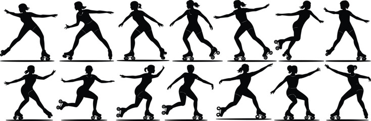 Collection of Dynamic Roller Skater Silhouettes: Active Lifestyle, Sport, Recreation, Hobby, People in Motion, Exercise, Fun, Retro, Vintage, Urban, Activity, Vector, Illustration, Black, White