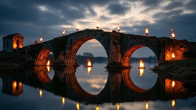 Mysterious ancient stone bridge glows under warm firelight at dusk reflection