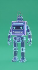 Futuristic Holographic Robot with Glowing Blue Circuitry Standing Against a Solid Teal Green Background Displaying a Retro-Style Digital Face with an