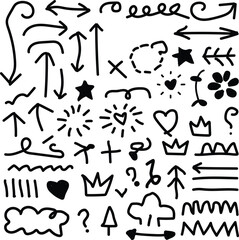 Collection of hand drawn doodle arrows stars hearts crowns and decorative elements