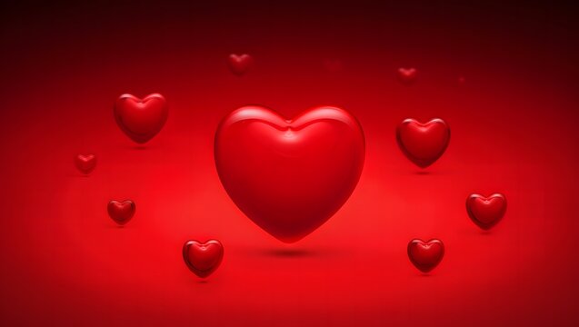 Abstract red hearts floating in a gradient background with soft lighting