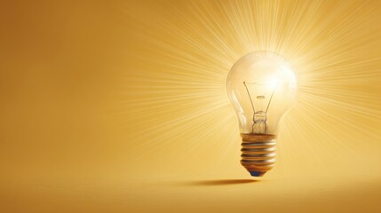 A glowing incandescent light bulb radiates bright lines of light, symbolizing inspiration and innovation,