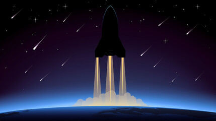 Rocket Silhouette Ascending through Gradient Space Sky, Faint Stars and Cosmic Dust Trails, Subtle Earth Curvature, Deep Blue to Violet Color Palette, Abstract Sci-Tech Poster Aesthetic, Clean Layout 