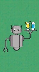 Friendly Retro Robot Serving Colorful Refreshing Drinks with Straws on a Textured Green Background with Subtle Grain Effect a Fun and Whimsical