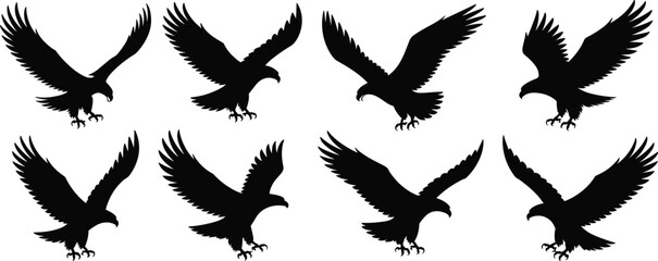 Collection of Dynamic Eagle Silhouettes in Flight: Majestic Birds of Prey, Freedom, Power, Strength, Symbolism, Nature, Wildlife, Flying, Hunting, Vector, Illustration, Blacks