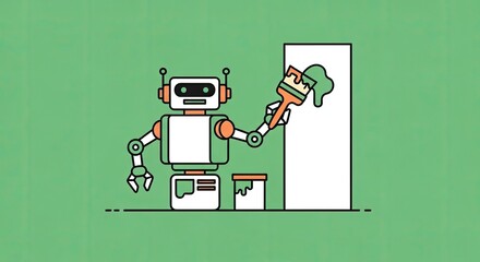 Friendly cartoon robot holding a paintbrush and painting a white wall with green paint next to a paint can on a textured green background