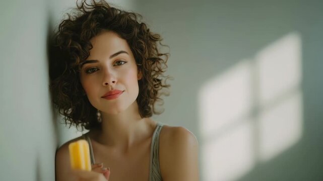 Young woman with curly hair enjoys a yellow popsicle. She has a playful expression and is leaning against a wall with soft light casting shadows.
