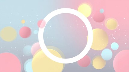 A gradient background transitions from light blue to pink with a large white circle centered amidst pastel droplets rese