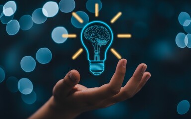 Human Hand Holding Glowing Lightbulb with Brain Icon Symbolizing Innovative Idea, Artificial Intelligence, and Creative Thinking