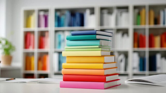 A stack of colorful books on a desk in a bright office. The background features organized shelves filled with various books and a plant.