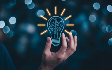 Human Hand Holding Glowing Light Bulb with Brain Symbol Representing Artificial Intelligence, Idea, and Innovation Concept