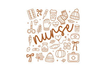 Cozy Autumn "Nurse" hand-drawn typography with fall and medical doodle icons Sublimation Design