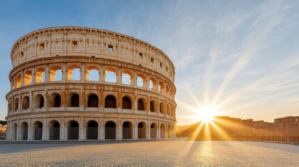 Ancient Roman colosseum under sunrise, showcasing historic architecture and beauty