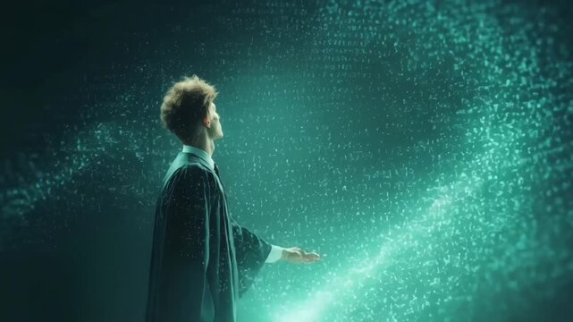 A young Caucasian man with curly hair in a graduation robe casts a spell, causing a floating graduation cap to shimmer with magical particles.