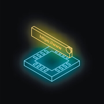 Neon https stamp pressing down on microchip, symbolizing secure web technology and data protection in digital age