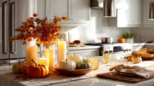 A cozy kitchen scene with autumn decorations. White cabinets, pumpkins, candles, and a warm atmosphere create a festive fall ambiance.