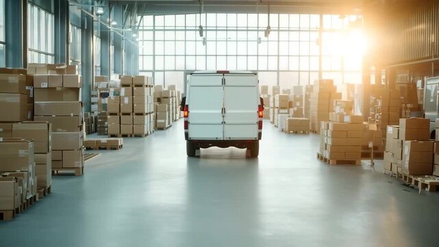A white delivery van parked in a spacious warehouse filled with cardboard boxes. Sunlight streams through large windows, illuminating the scene.
