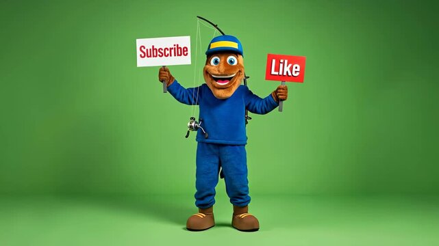 Fun Fishing Mascot Promoting Engagement - This vibrant video features a cheerful fishing mascot holding signs that say "Subscribe" and "Like" in each hand.