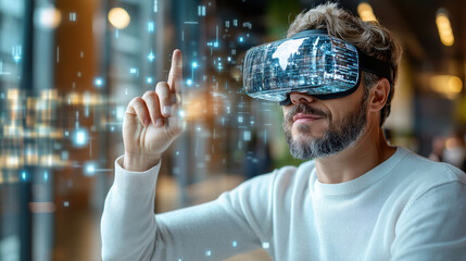 Immersive virtual reality experience with futuristic interface and digital elements