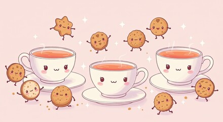 Charming kawaii tea party scene featuring three cups of steaming tea surrounded by playful anthropomorphic cookies dancing and celebrating with