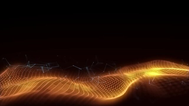 Glowing orange wave with motion dots and lines. Abstract digital background. Concept connection big data. Futuristic technology backdrop. 3D rendering.