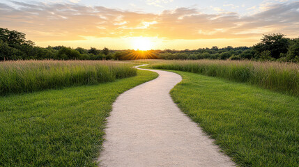 Obraz premium Winding path through lush grass leading to vibrant sunset, creating serene atmosphere