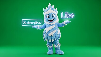 Frost Spirit Mascot Promoting Engagement - A whimsical frost spirit mascot stands against a vibrant green background, enthusiastically holding a neon sign that reads "Subscribe" in one hand and - Powered by Adobe