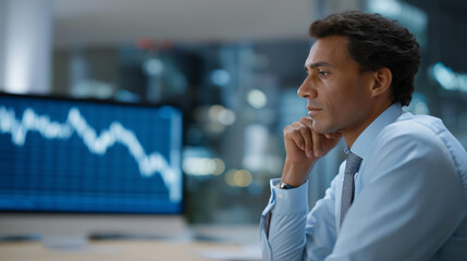 Investor reviewing declining commercial property trends, symbolizing urban market challenges, financial planning, and adaptive strategies to mitigate investment risk. cinematic color correction,