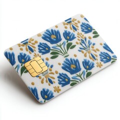 A credit card with a decorative blue floral pattern and an embedded chip