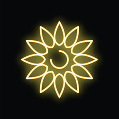 Neon yellow flower ornament glowing on a black background