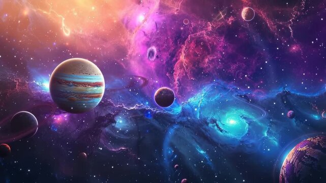 Planets in solar system, bright stars glow in beautiful atmosphere