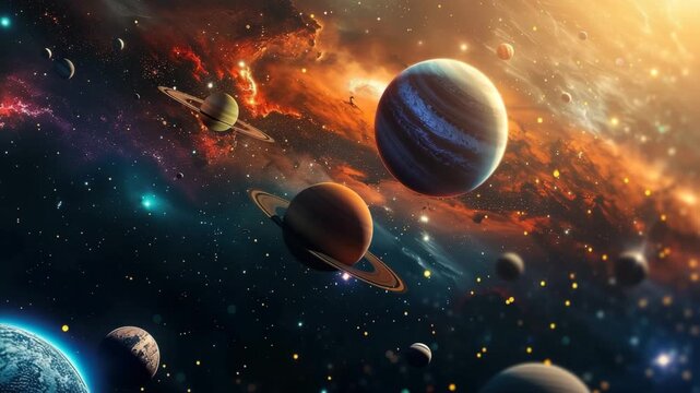 Planets in solar system, bright stars glow in beautiful atmosphere