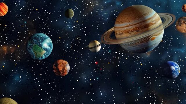 Planets in solar system, bright stars glow in beautiful atmosphere