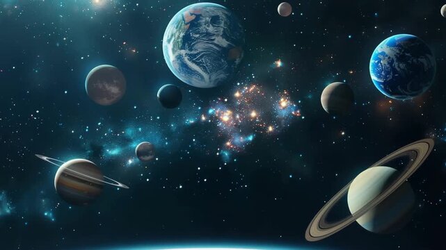 Planets in solar system, bright stars glow in beautiful atmosphere