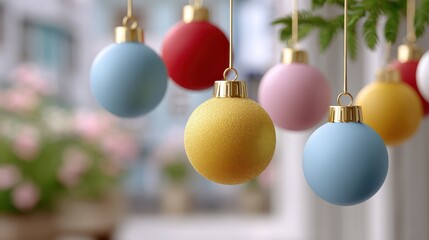 Colorful Christmas ornaments hang delicately with a soft focus background