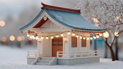 Miniature Japanese shrine decorated with festive lights in a snowy winter scene