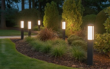 Illuminated Modern Garden Bollard Lights Highlighting Professional Residential Landscaping and Pathway at Night