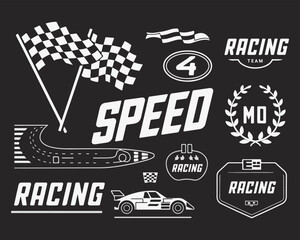 Speed Racing Car Emblem and Checkered Flag Silhouette Set